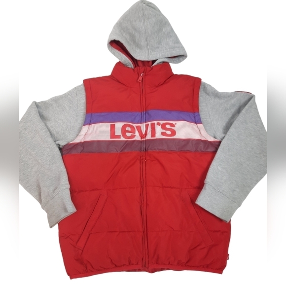 Levi's 2fer Puffer Jacket Hooded Red & Gray Size Large Boys - Picture 1 of 10